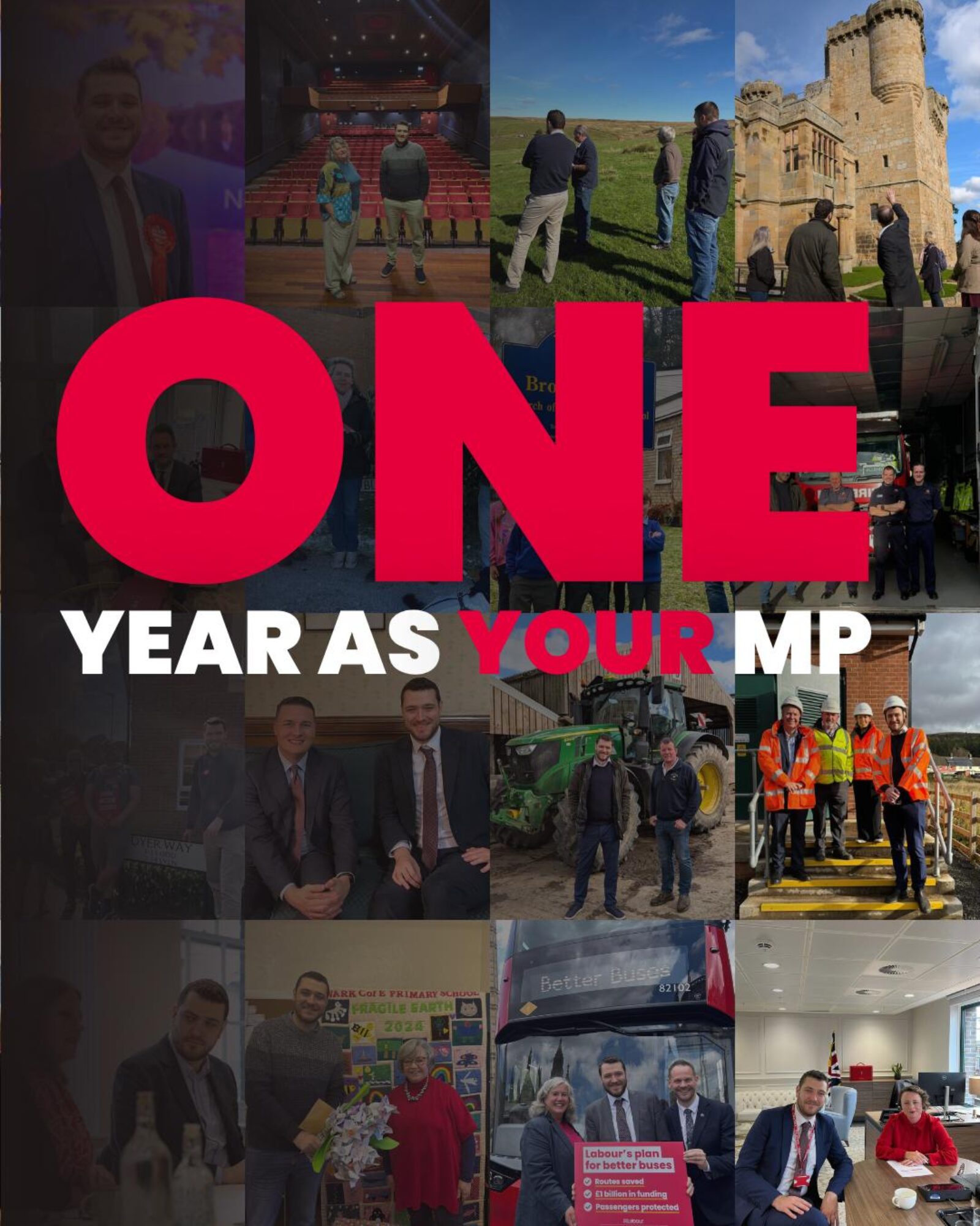 Graphic displays 16 photos of Joe Morris in his role as MP for the Hexham constituency. Text on top reads 
